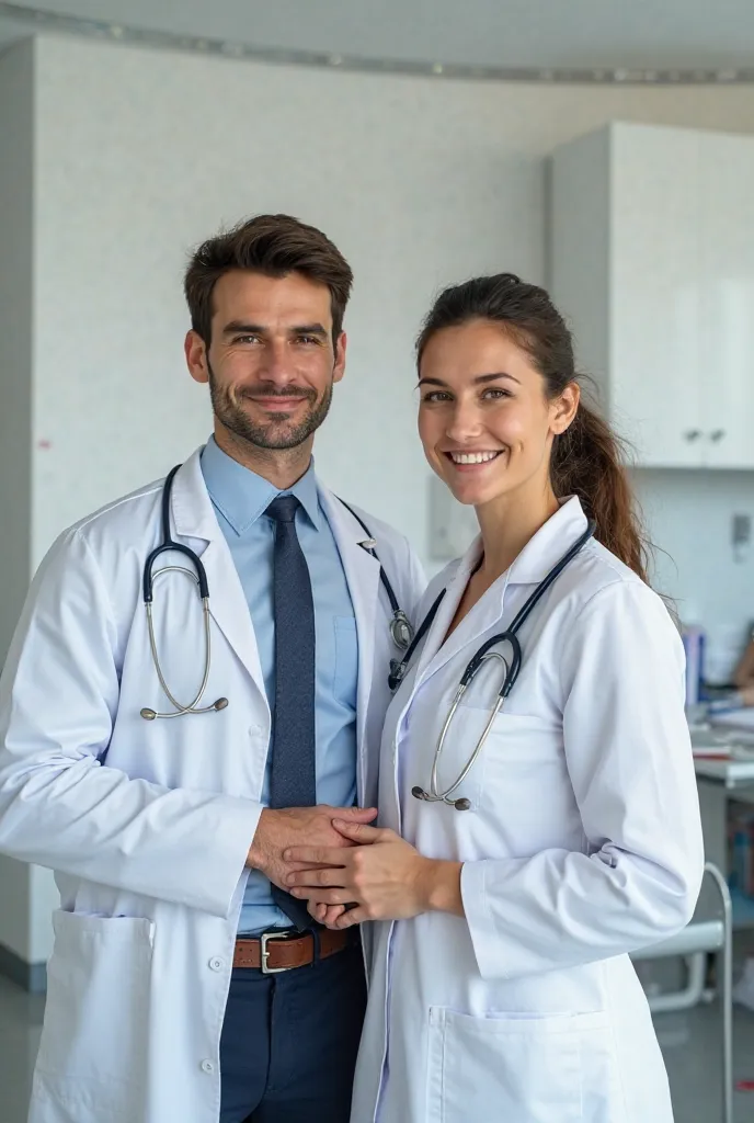 4 images with a handsome young doctor with his tetoscope and a female doctor
