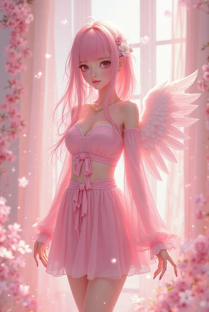  Beautiful femboy boy  
,Anime with pink hair woft cut pink skirt pink top with angel wings sleeve  