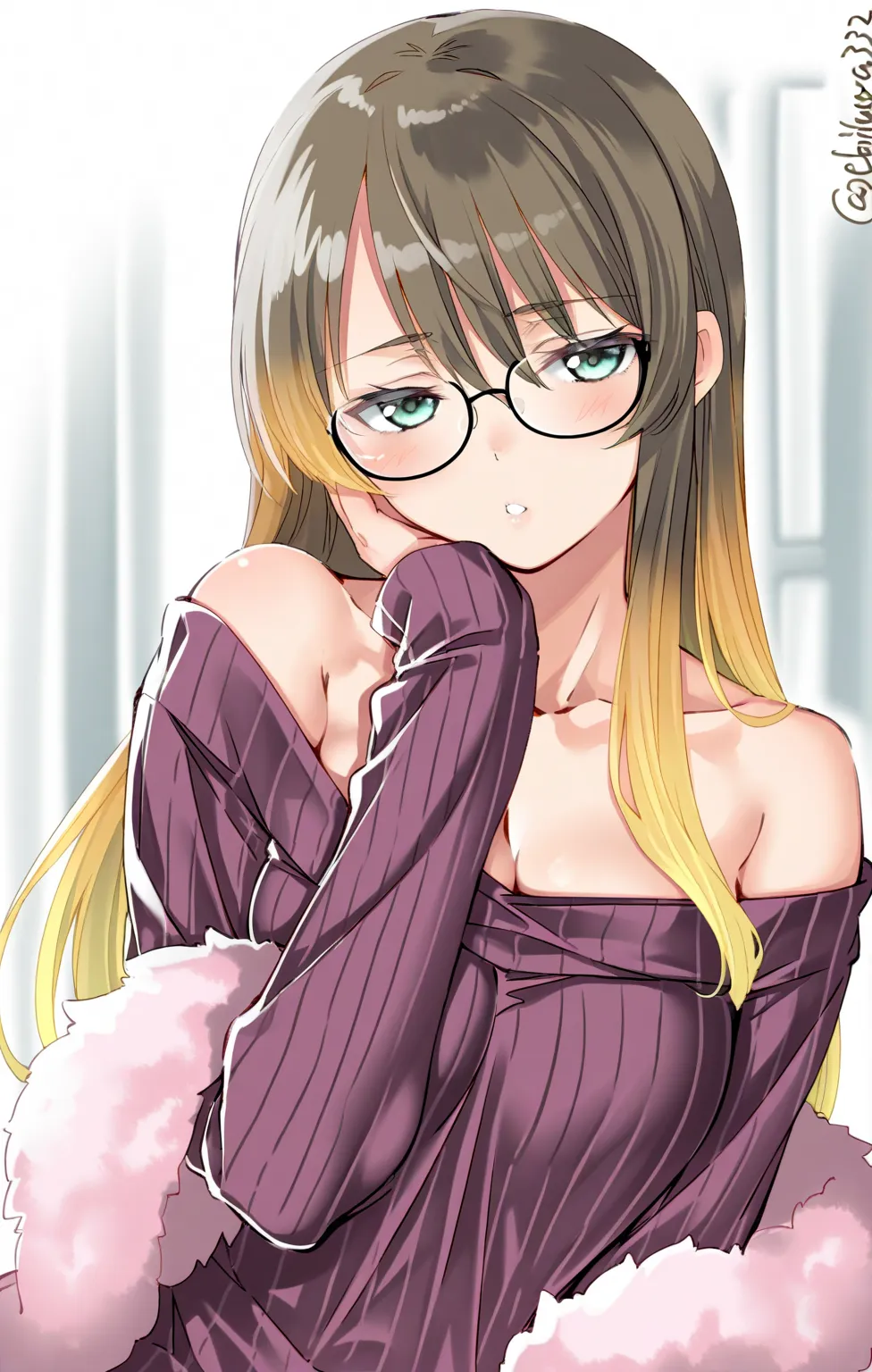 1girl, solo, brown hair, gradient hair, yellow hair, long hair, straight hair, glasses, emerald teal eyes, violet sweater, feather boa, half closed eyes, mole, head tilt, off shoulder, long sleeves, fuzzy clothes, ally, alleyways, [ebifurya:0.65, tony taka...