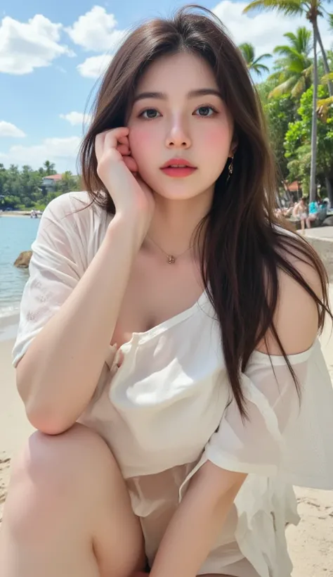 (22-year-old female), (Big Breasts:1.3),  ((Mesmerizing the viewer&#39;Hand)),  Hawaii's Sandy Beaches、Background island、White silk micro bikini、sexy pose for the body、(masterpiece: 1.3), ( max resolution: 1.4), (super high vision: 1.2), Cinematic Lights, ...