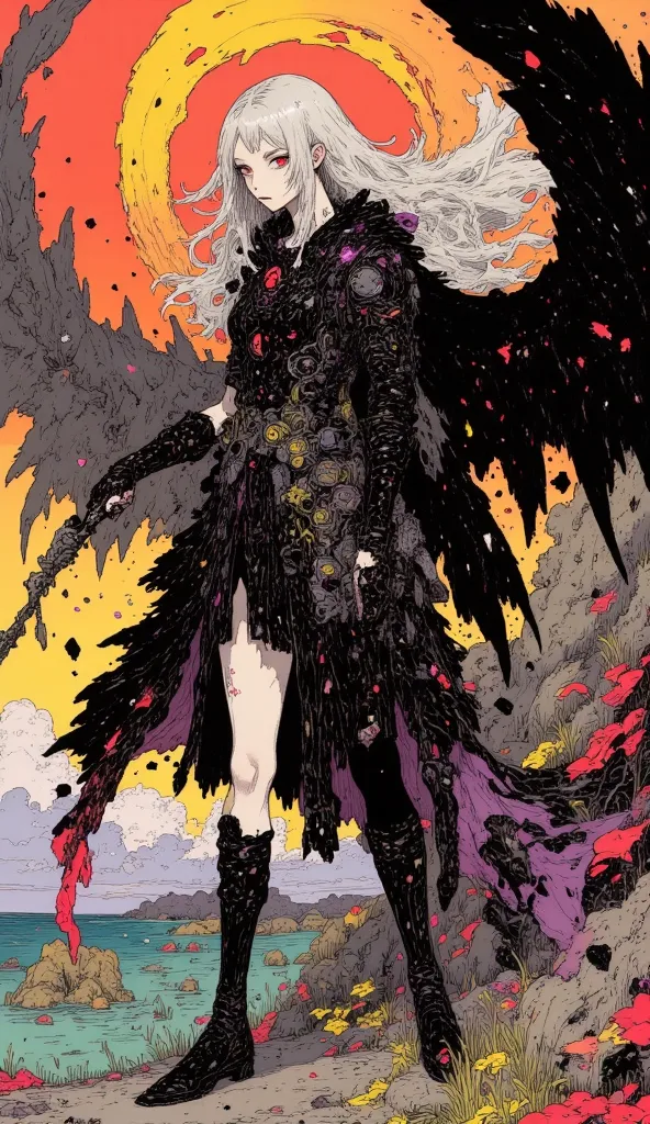 Magnificent depiction   ， A silver-haired banshee hunter ，  Armor broken like glass  ，   black wings  ，Red edge ， background changes from warm reddish-yellow to calm blue-green。