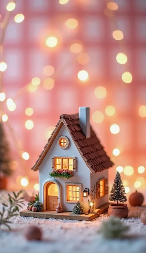 Small miniature house, European cute homes, has a pink and white check pattern on the background, high image quality. It’s real but fairy tale-like, with a dreamy and whimsical charm. The scene is captured with SLR photo quality, enhancing its delicate det...