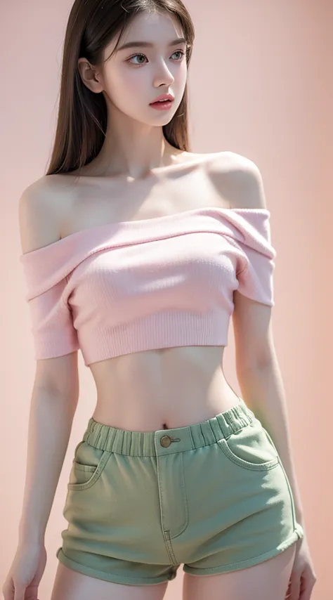 Pretty girl standing,wearing off-shoulder green crop top,shorts,Pale skin, smooth, soft skin ,Pink skin tone,Perfect Body,digital photo art as detailed,Young woman,square,8k,high-detail raw image,color,Distorted silhouette,beautifully painted,Pastel colors...