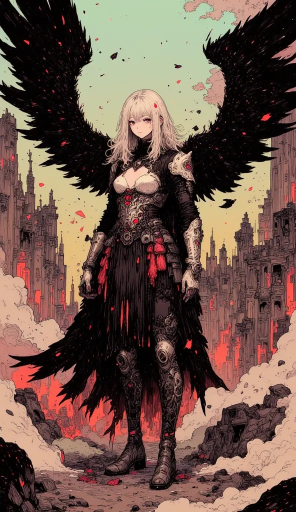 Magnificent depiction   ， A silver-haired banshee hunter ，   armor broken like glass   ，   black wings  ，Red edge ， background changes from warm reddish-yellow to calm blue-green。