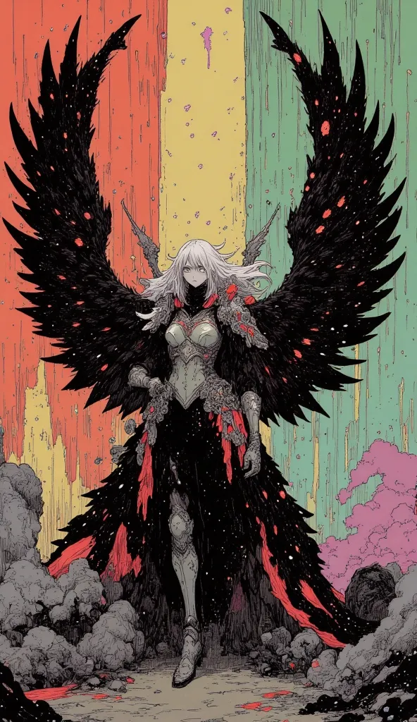 Magnificent depiction   ， A silver-haired banshee hunter ，   armor broken like glass   ，   black wings  ，Red edge ， background changes from warm reddish-yellow to calm blue-green。