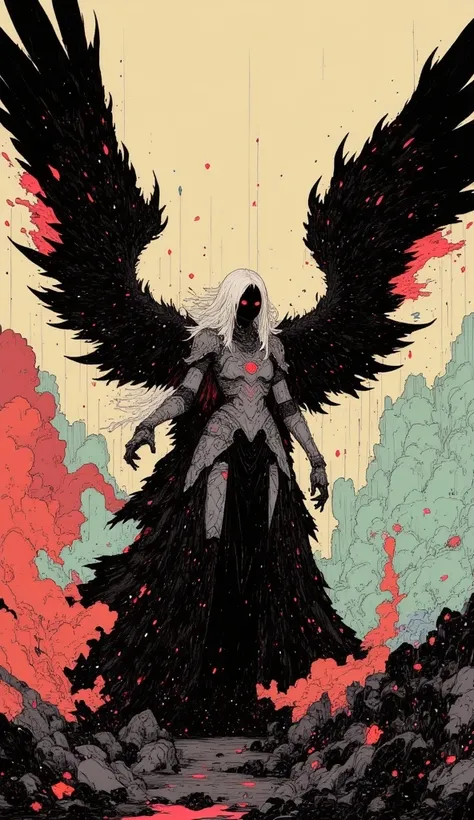 Magnificent depiction   ， A silver-haired banshee hunter ，   armor broken like glass   ，   black wings  ，Red edge ， background changes from warm reddish-yellow to calm blue-green。