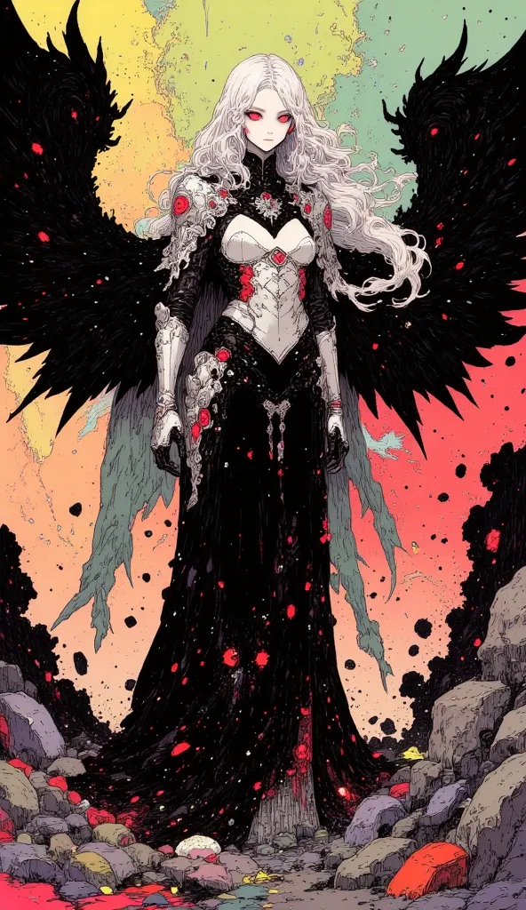 Magnificent depiction   ， A silver-haired banshee hunter ，   armor broken like glass   ，   black wings  ，Red edge ， background changes from warm reddish-yellow to calm blue-green。