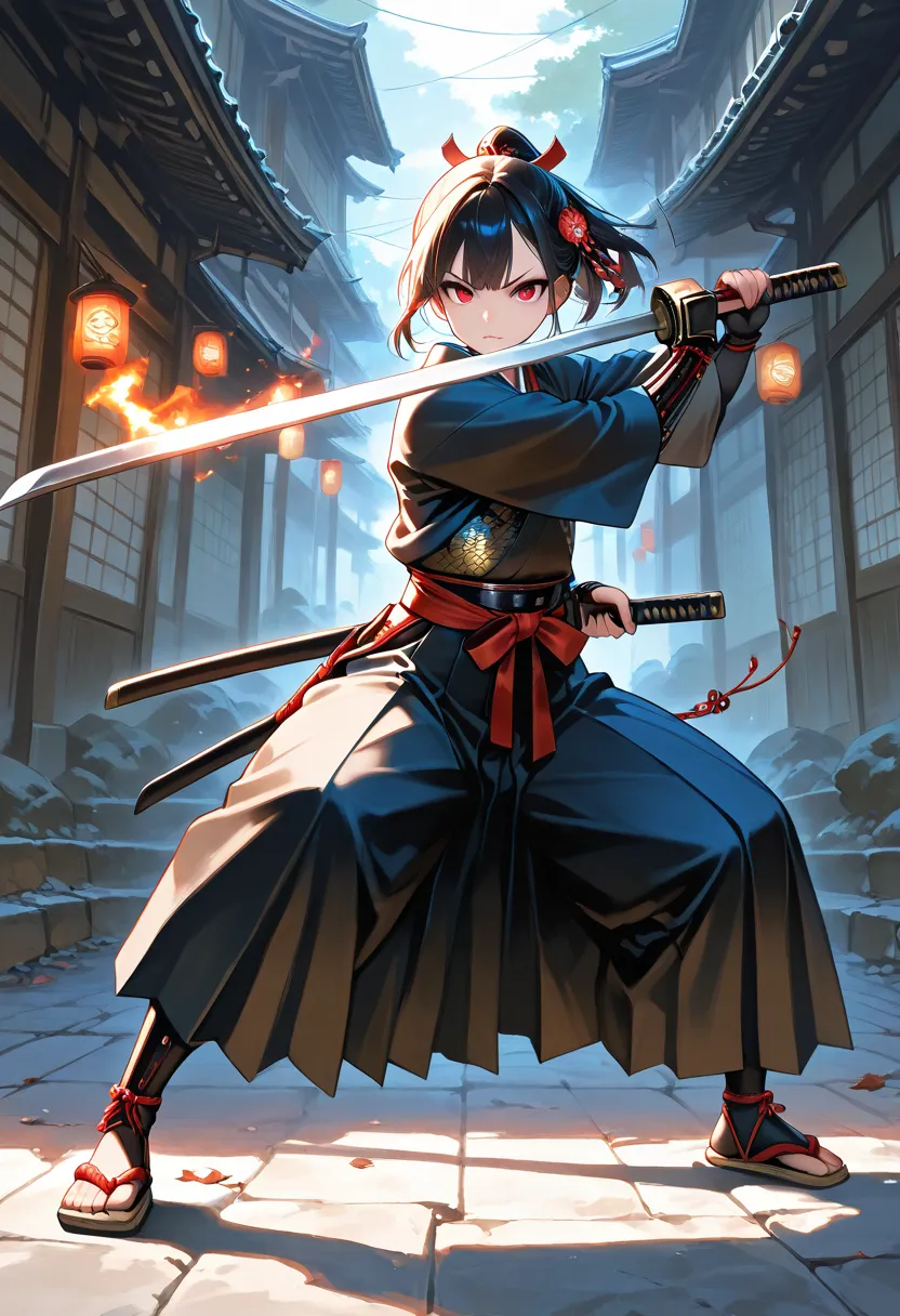 young japanese girl, samurai, evil look,,combat stance, wielding a sword, highly detailed, full body view, vibrant appearance, creative behavior, extremly detailed, imaginative, sensual, spontaneous, highest quality, skin texture, intricate details, (cinem...