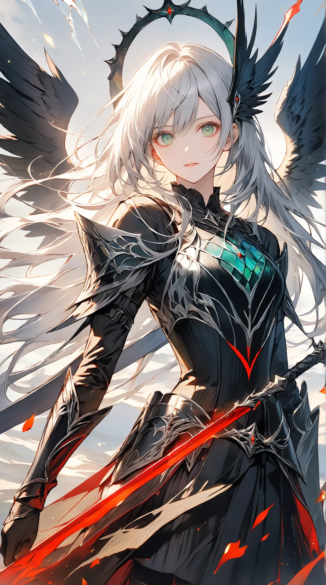 Magnificent depiction   ， A silver-haired banshee hunter ，  Armor broken like glass  ，   black wings  ，Red edge ， background changes from warm reddish-yellow to calm blue-green。