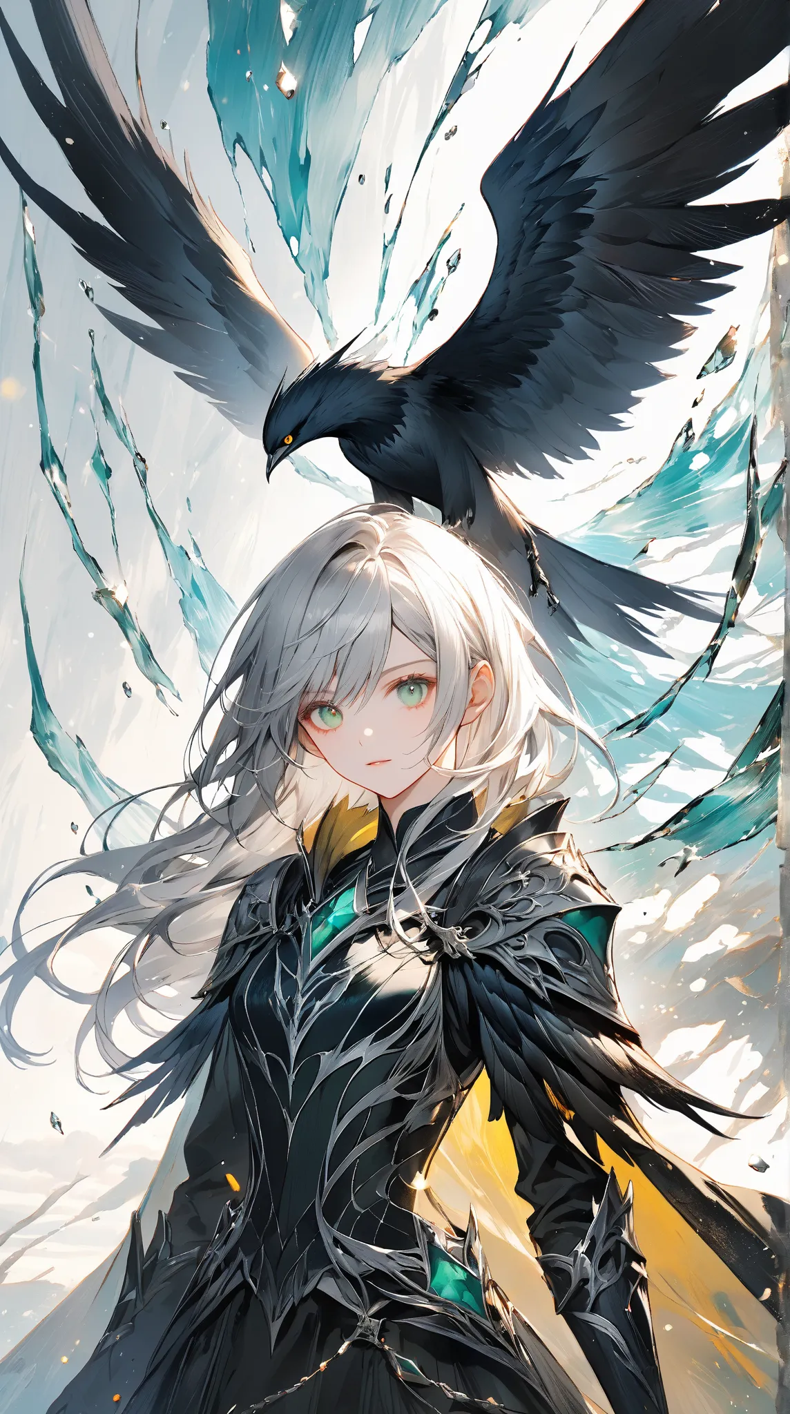 Magnificent depiction   ， A silver-haired banshee hunter ，  Armor broken like glass  ，   black wings  ，Red edge ， background changes from warm reddish-yellow to calm blue-green。