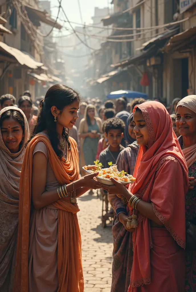 A girl is feed food to indian poor women with teared cloth at streets 