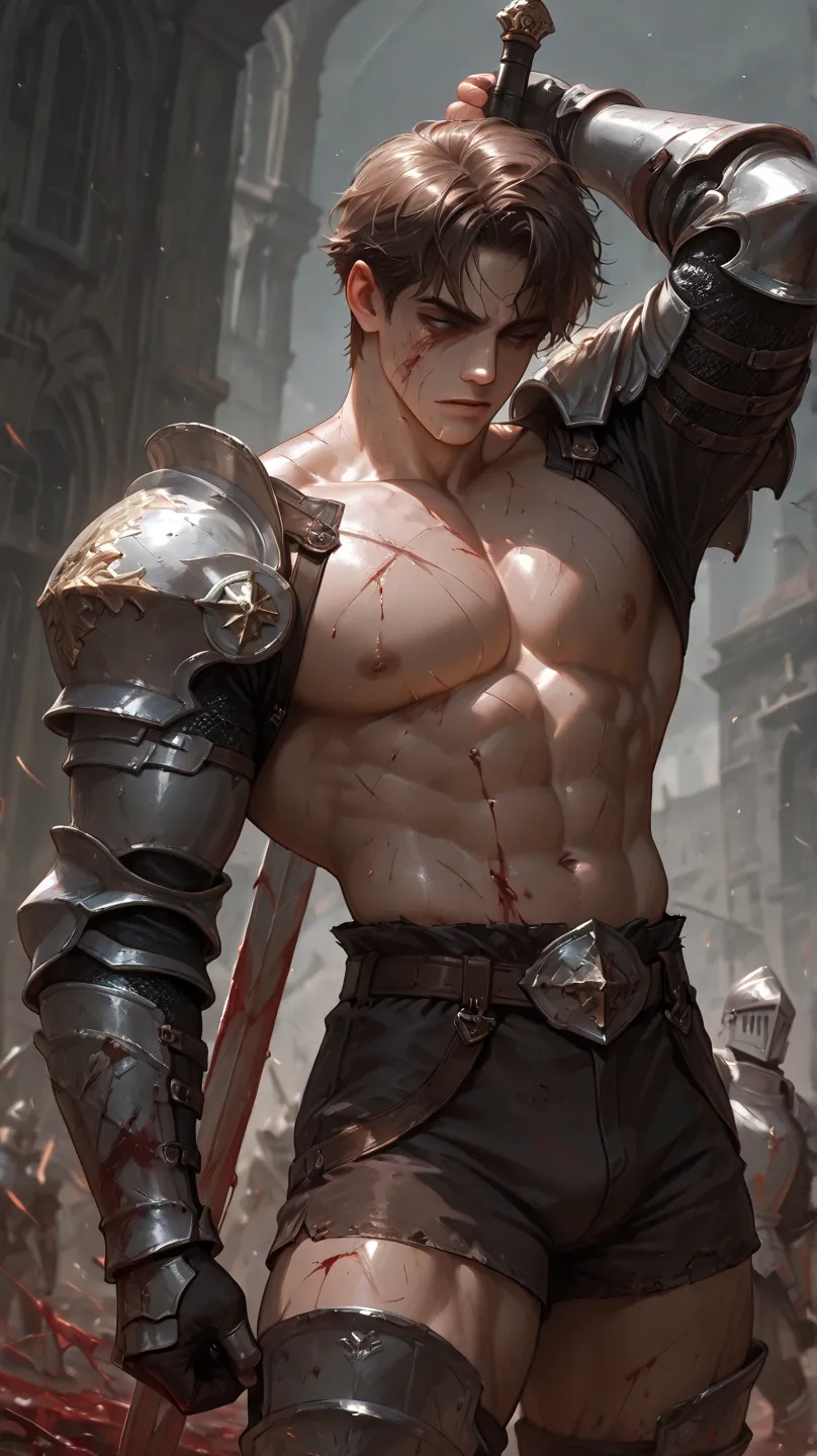  (Masterpiece), best quality, 1 boy , muscular,  young, short pants, Shirtless , solo male , chest out , big pectoral,huge body, blood , wound , injuried, brown hair,bloody , stand up ,French Crop hair,scar,armor,knight, sword, short hair