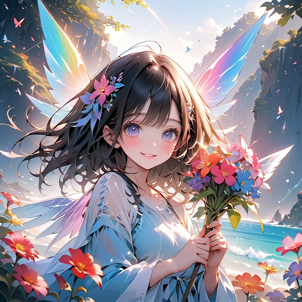  Cute Flower Fairy Baby ， multicolored wings ,  Holding a Scepter ，Beautiful sparkling ocean 、Colorful Flowers々Surrounded by，Transparent Wings，Glowing Wings ､kind smile､Summer background､ Soft Clear Fairy ､Watercolor ink，Beautiful garden background， Brilli...