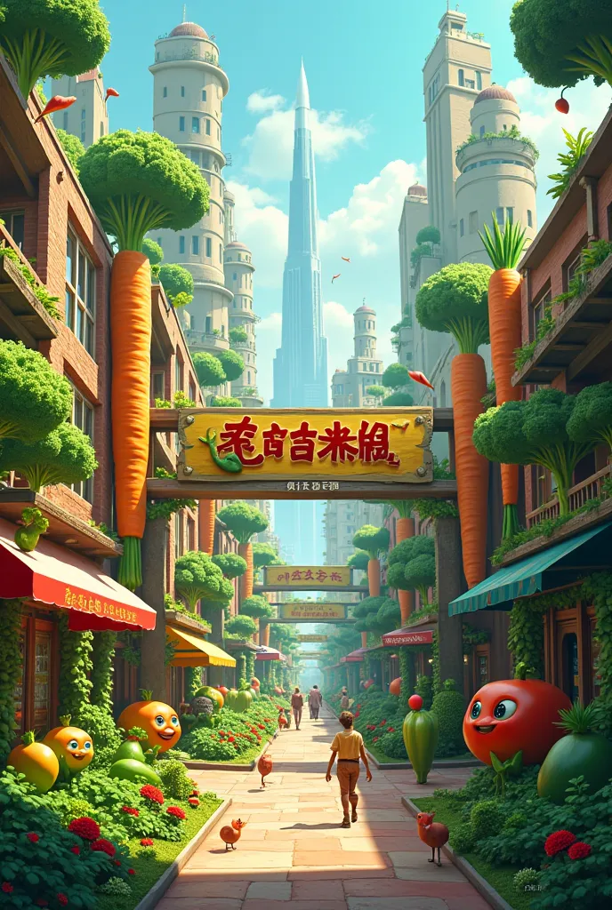 Generate a vegetable city with a sign of those that advertise cities where vegetables are houses or buildings 
