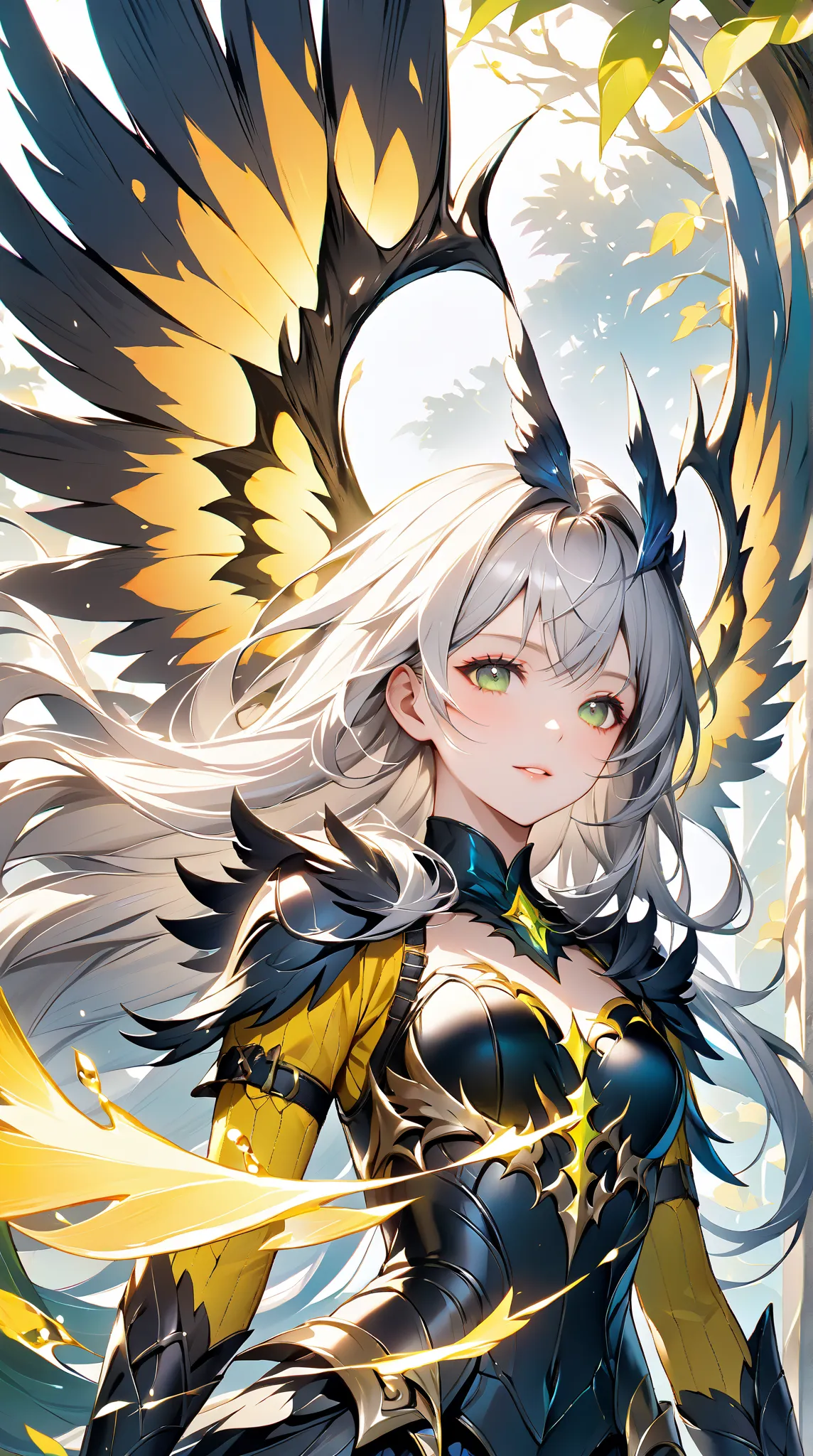 Magnificent depiction   ， A silver-haired banshee hunter ，   armor broken like glass   ，   black wings  ，Red edge ， background changes from warm reddish-yellow to calm blue-green。