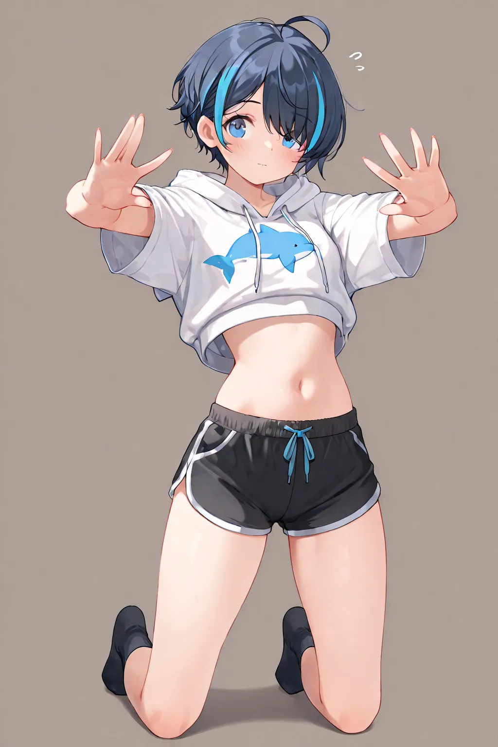 （masterpiece：1.2），Super detailed，solo girl, Hiding one eye, pixie cut hairstyle, navy hair(highlights hair, Blue streaked hair), ahoge, tareme, blue eyes, dolphin shorts, sexy, over size hoodie,crop top navel,shirt lift,t-pose,outstretched horizon arms,ful...