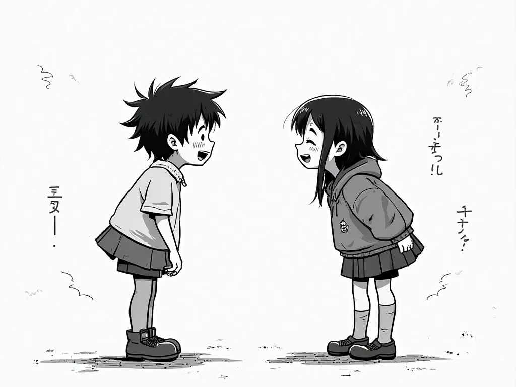 Create a black and white Japanese manga style of a boy and a girl of about 18 saying goodbye to each other until the next day but laughing and happy