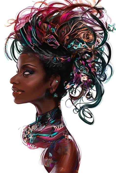 A vibrant graphic illustration features a profile of a woman with striking black skin and bold, colorful hair styled in elaborate swirls and curls. The hair is adorned with a mix of geometric patterns and vibrant colors, including pink, orange, turquoise, ...