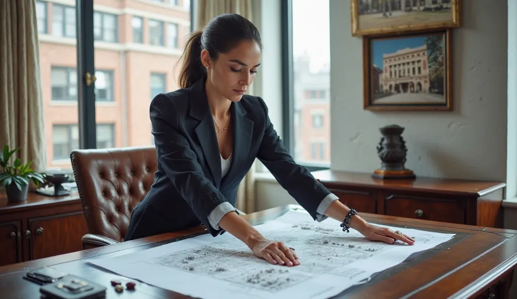 Portrait of a successful forty-year-old Latin businesswoman in her office with a view of Boston. She is reviewing building plans on an elegant desk. She wears an impeccable tailor suit. The office is decorated with photographs of renovated historic buildin...