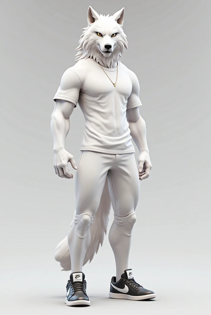 Fortnite rendering of wolf in white t-shirt with white pants with black and white Nike sneakers 