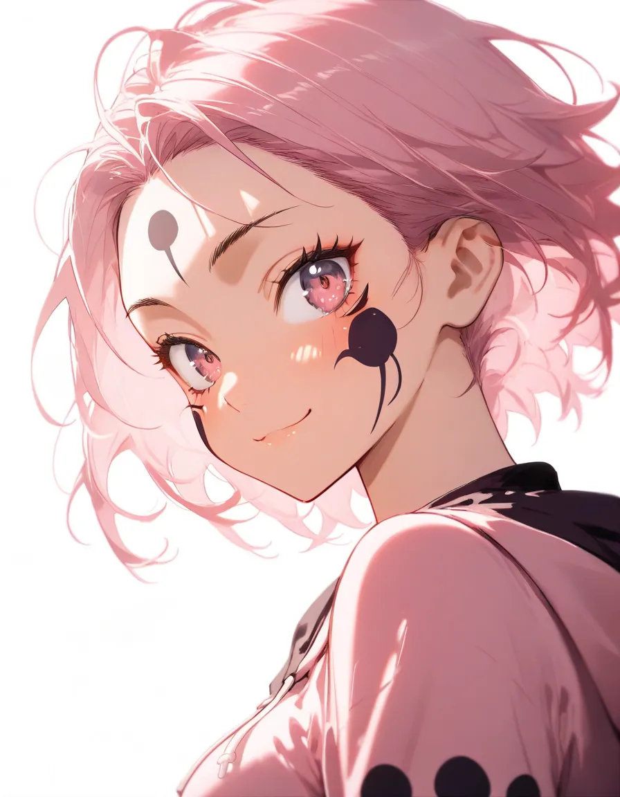 1girl, ryomen sukuna \(jujutsu kaisen\), (breast:1.2), medium breasts, ((upper body)), close up, cute, pink hair, looking at viewer, pink hoodie, face painting, face tattoos, gentle smile, ((soft light)), dynamic camera angle, white background, Glowing Run...