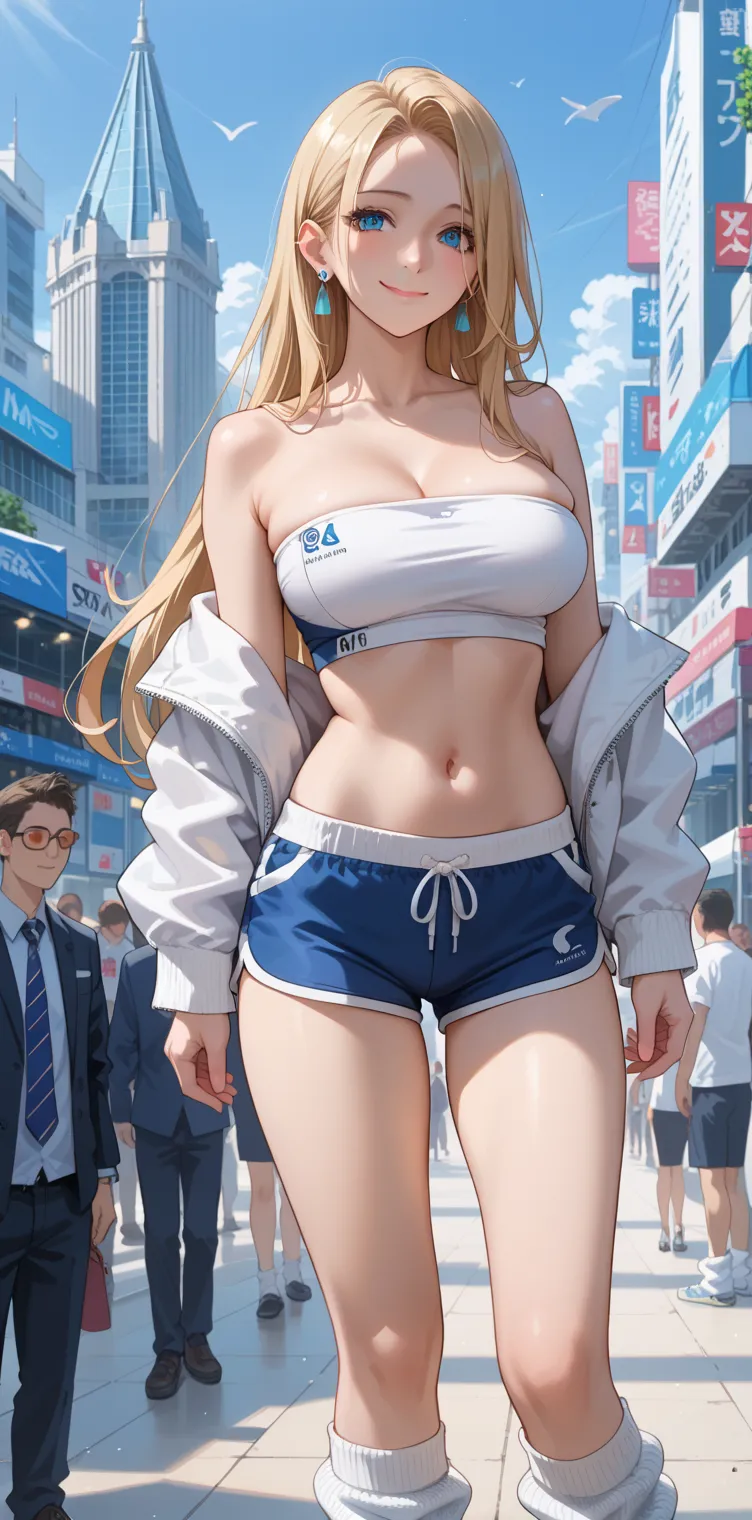  girl,  fit girl , very blonde hair,  long hair, blue Eye,  earrings for a woman alone ,  score_9,  score_8_up,  score_7_up,  source_Anime,   Masterpiece , best quality, Big Breasts, Fancy fixes,White tube top,  white dolphin shorts, belly button,  watch v...