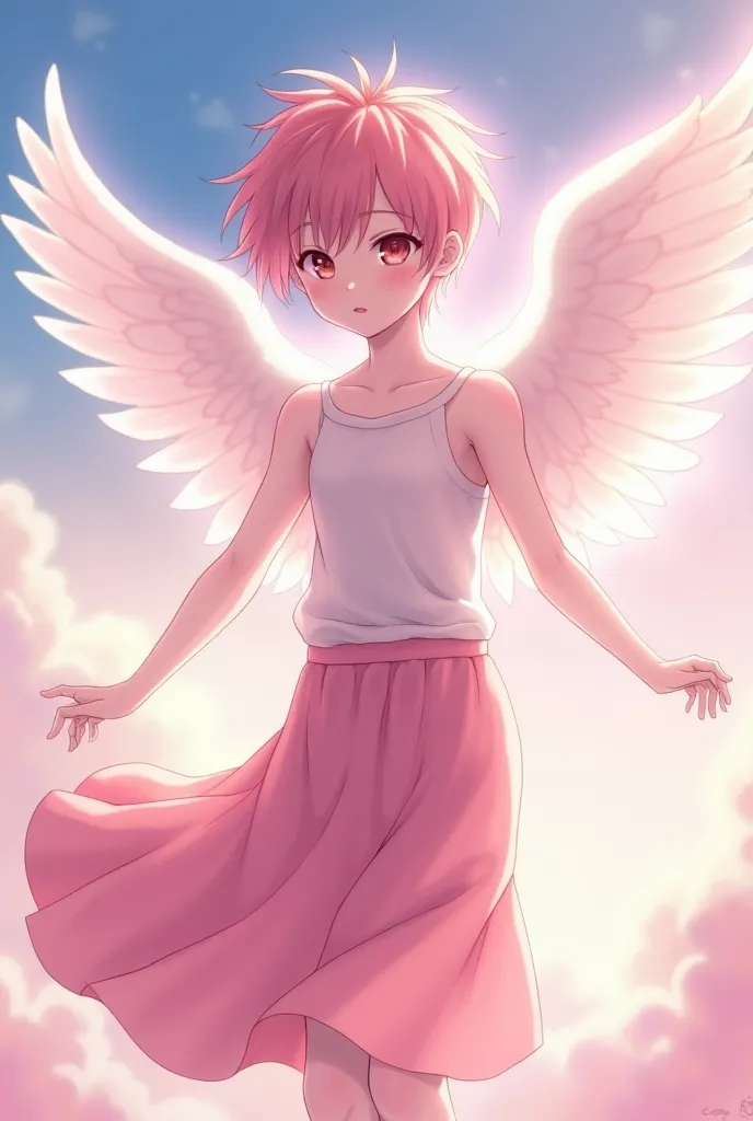 Beautiful anime boy  , pink skirt pink top angel wings and short hair wolft cut pink