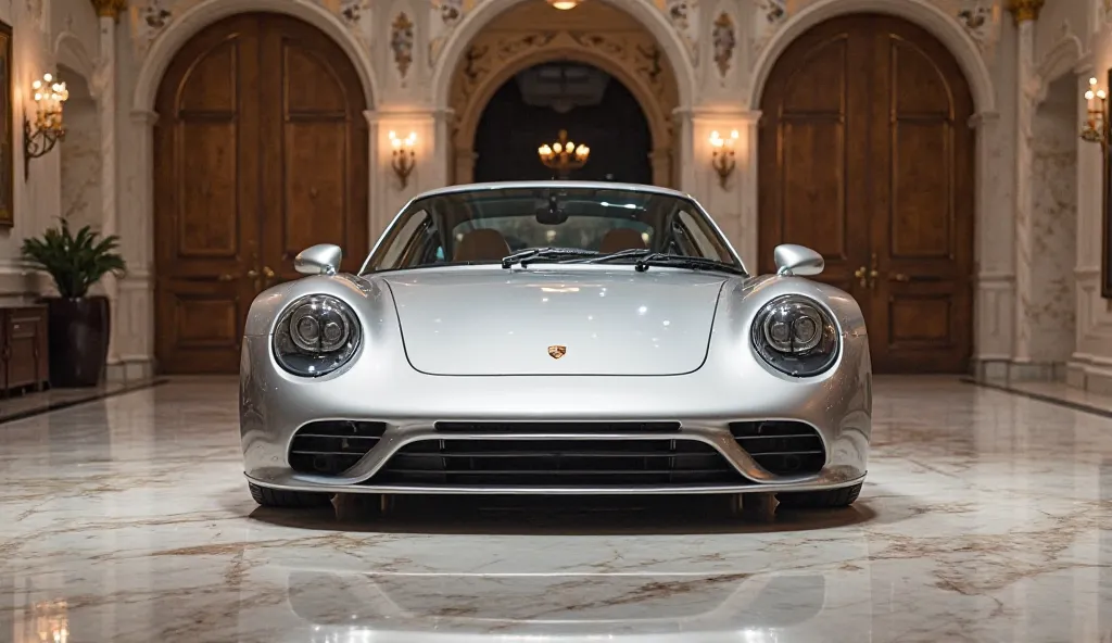 "A magnificent 2026 Porsche 959 in pure l silver captured from a straight front  view in an opulent indoor studio setting. The car is showcased in a luxurious showroom with polished marble floors, soft ambient lighting, and intricate architectural details ...