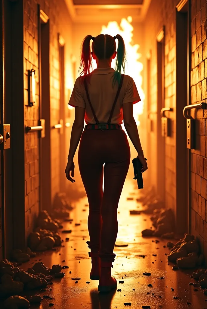 Ultra-realistic cinematic image of a woman with Harley Quinn hair she is wearing a convict's uniform she is on her back and walking down the corridor between two burning prison cells and she has a gun in her hand. Centralized and large character in the ima...