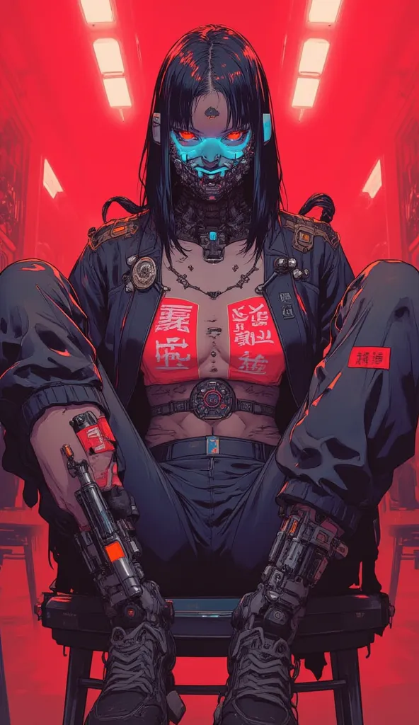 ((Organ background)),women art,25 year old,medium eye size,bob cut with ponytail hair,boobs,v-line hips,long legs,money, power, japanese text written in clothes, iconic,luxury,red,blue glowing eyes,demon smile neck mask,vigina(pussy) showing hips,sitting d...