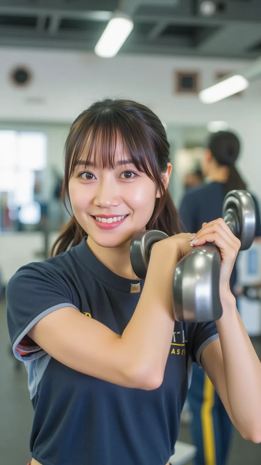 "A fit and athletic Japanese female gym trainer with a confident and friendly expression, wearing a sporty outfit. She is assisting a trainee in a modern gym, demonstrating proper workout techniques. The gym is well-lit, with various fitness equipment in t...