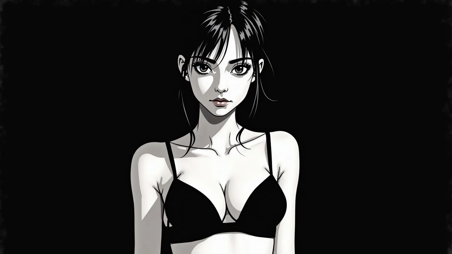 (Ashley Wood (Ashley Wood) style of:1.1) a beutiful comic girl sitting alone wearing bra small breast black and white painting girl in the center of the screen light brown skin black background 