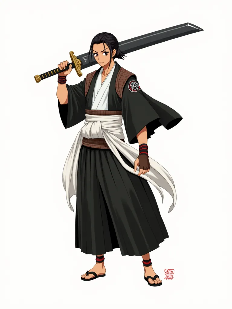 anime style, Tall and athletic man , brown skin, creepy black hair tied, Wide Face, Shihakusho preto, A gourd around the waist, brown samurai gloves and shoulder pads,A big and giant sword