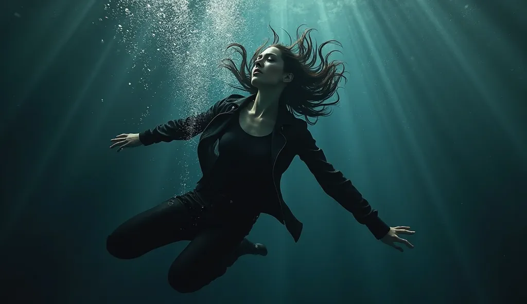 beautiful woman in  black jacket, black jeans, diving in the dark water sea, black hair, eyes closed, bubbles coming out of her mouth. photo realistic