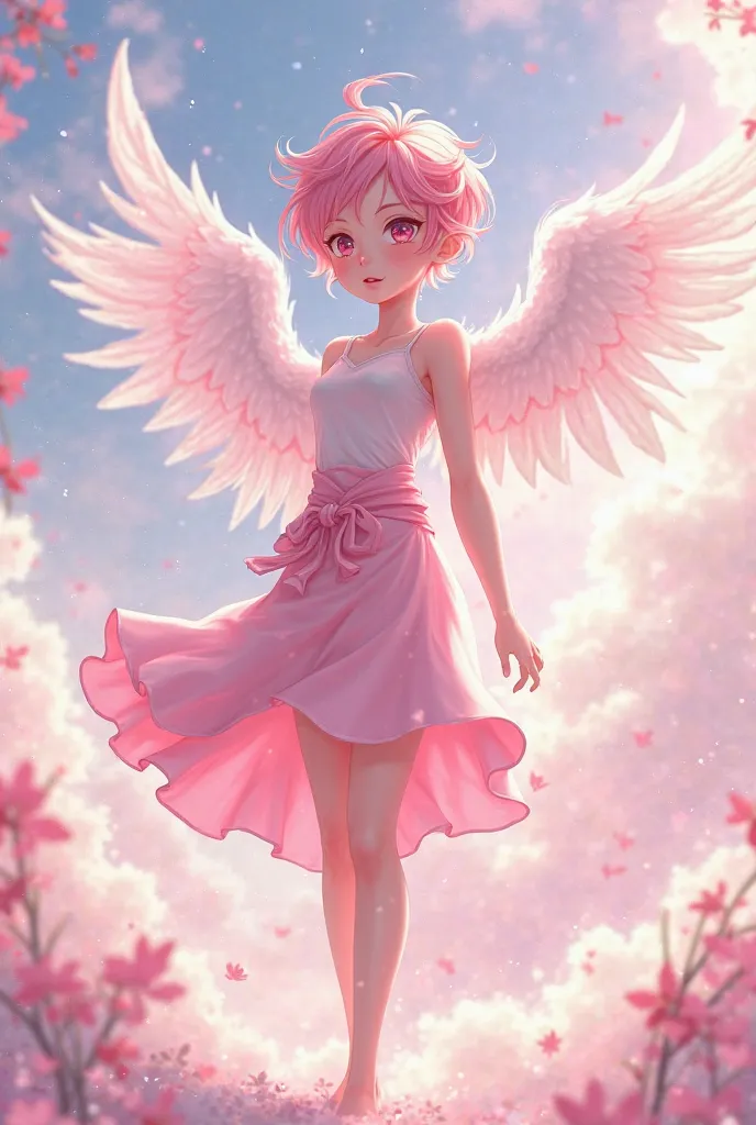 Beautiful anime boy  , pink skirt pink top angel wings and short hair wolft cut pink