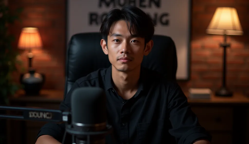 a 20 years old karbi boy sitting in chair in his youtube studio with his channel name ‘Mohen Ronghang'written in his background with podcast mic infront of him wearing a black shirt,detailed portrait,realistic,cinematic lighting,professional studio setup,h...