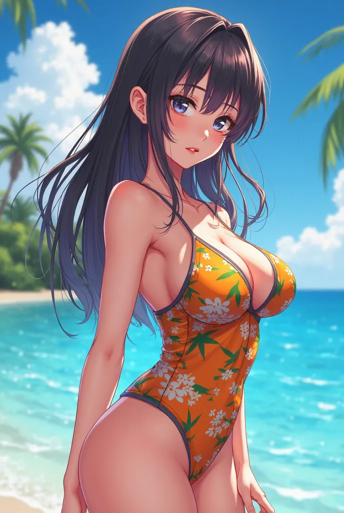 Create an anime girl in a swimsuit with huge boobs