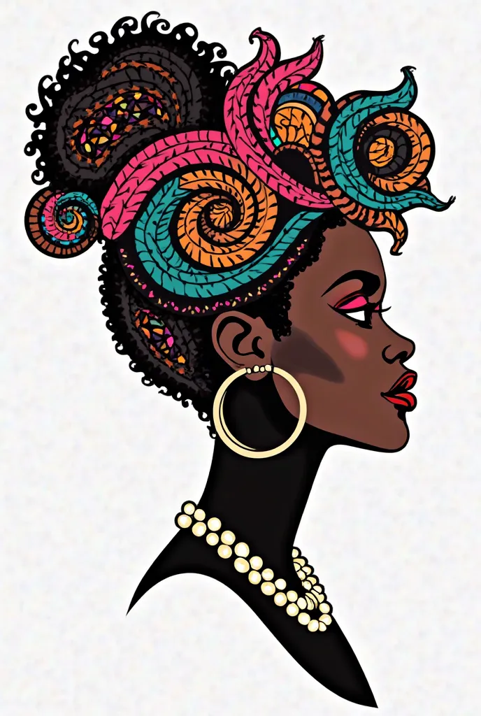 A vibrant graphic illustration features a profile of a woman with striking black skin and bold, colorful hair styled in elaborate swirls and curls. The hair is adorned with a mix of geometric patterns and vibrant colors, including pink, orange, turquoise, ...