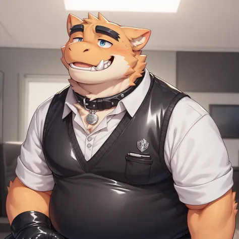 Scribble Midbus face,Humanity(Midbus),Chubby,(Black eyebrows:1.1),(Perfect eyes),Smooth Skin，（artist:Takemoto Arashi），Living Room background，（Collar:1.3），claw，（Sweater-vest:1.3）。Wearing a Leather collar around his neck. Wearing fancy white gloves on his ha...