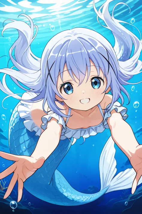 1girl, blue eyes, chino_kafuu, periwinkle colored hair, long hair, tiny, cute, ((mermaid, light blue tail)), (light blue frills), (happy, smiling) swimming, looking at viewer, arms reaching out, underwater, bubbles, bokeh effects, dynamic pose, out of fram...