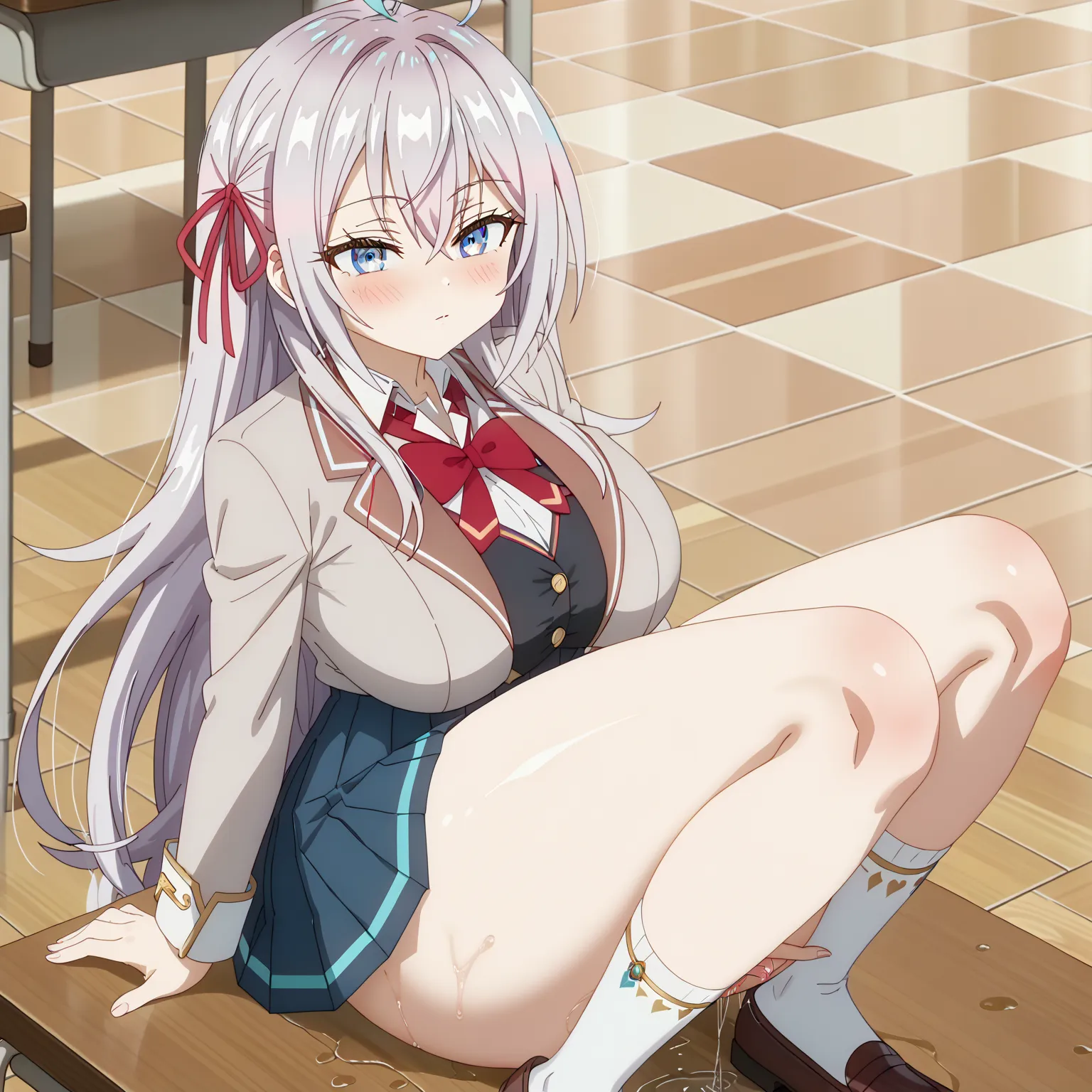 (UHD, retina, masterpiece, accurate, anatomically correct, super detail, high details,   highres,anime screencap, anime coloring:1.3)、(Alisa Mikhailovna Kujou:1.3)、(long hair, silver hair, ahoge, crossed bangs, red hair ribbon, sidelocks, blue eyes:1.3)、(v...