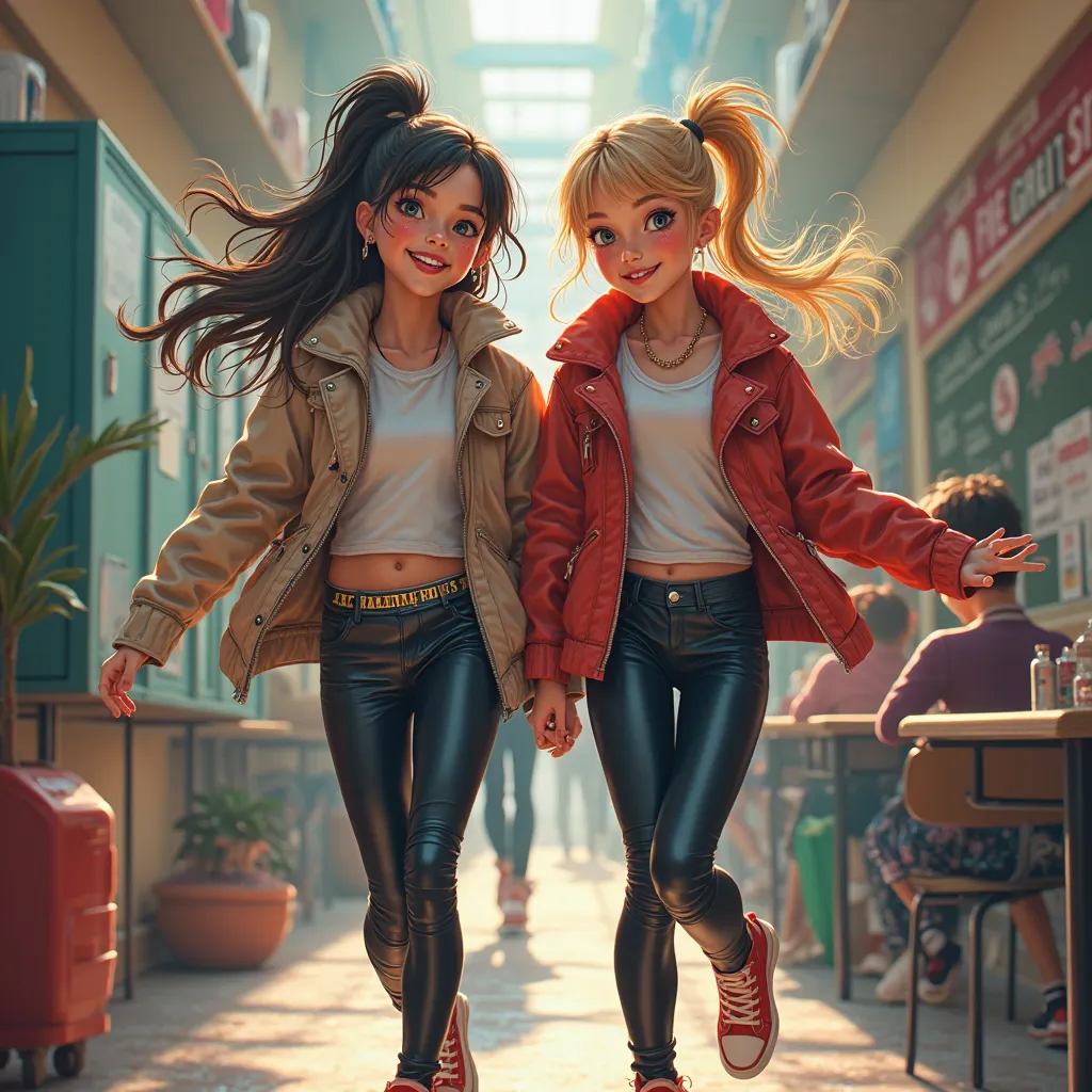 Two young girl in a leather leggins at school