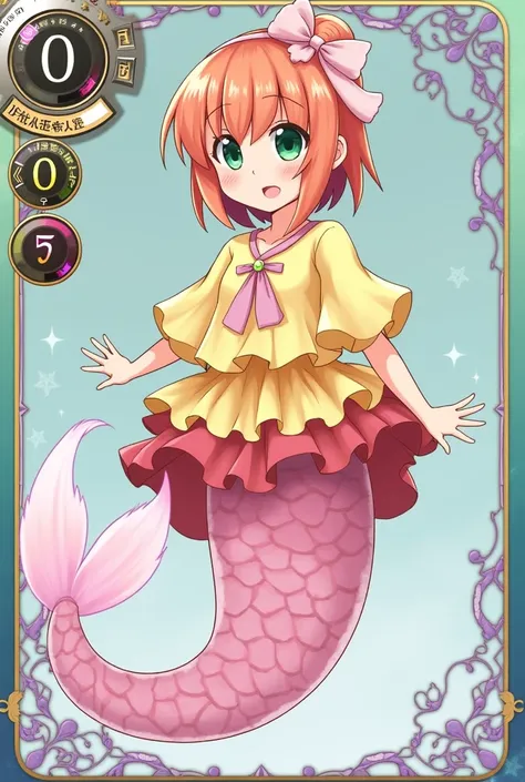 Vanguard card game, It's an idol mermaid, full body, her short orange hair, green eyes, her yellow blouse, His little bow on the pink collar, her pink mermaid tail and her same ornaments with her little rings.