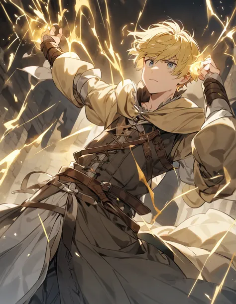 A blond boy with short hair wearing medieval clothes with electrical powers