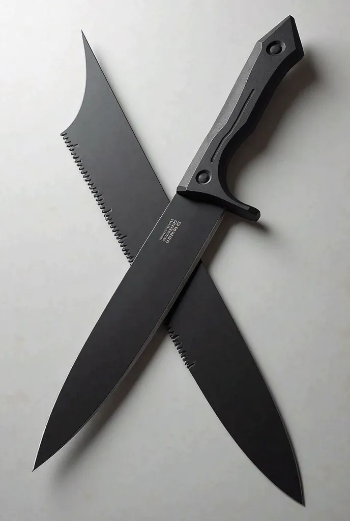 A black, modern Knife of today. It have one cutting edge and the other side a sawed part. It is all black, its handle being very big.