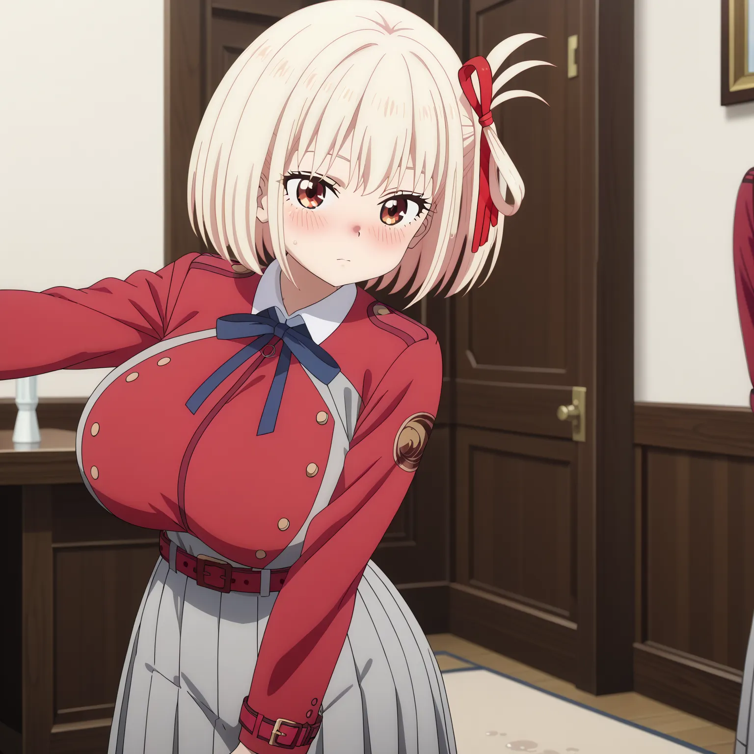 (UHD, retina, masterpiece, accurate, anatomically correct, super detail, high details,   highres,anime screencap, anime coloring:1.3)、(chisato nishikigi:1.3)、(short hair, bangs, blonde hair, red eyes, hair ribbon, one side up, bob cut:1.3)、(very gigantic b...