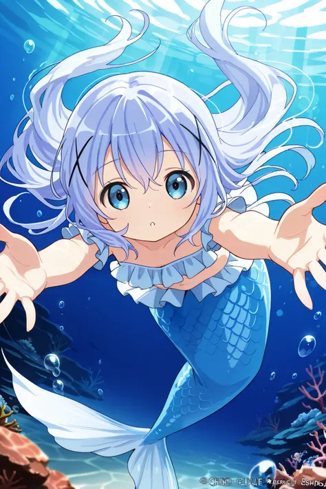 1girl, blue eyes, chino_kafuu, periwinkle colored hair, long hair, tiny, cute, ((mermaid, light blue tail)), (light blue frills), swimming, looking at viewer, arms reaching out, underwater, bubbles, bokeh effects, dynamic pose, out of frame, dynamic angle,...