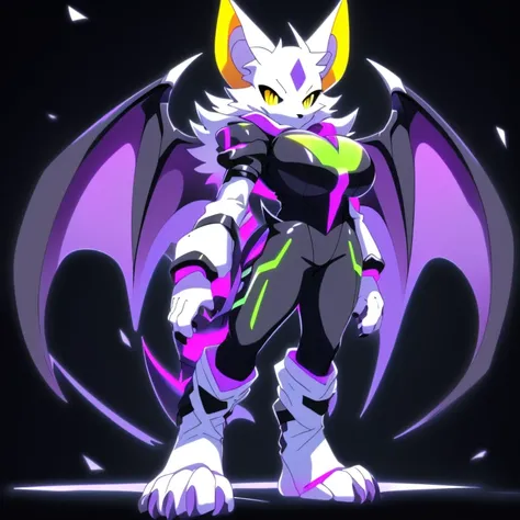 Anime, ((anime style)), ((solo)), ((solo picture)), alone, simple shading, ((full body picture)), ((plush build)), ((wearing a stylized black outfit with neon highlights)), ((female Anthro bat)), ((Tall with large round breasts)), ((tall buxom figure)), ((...