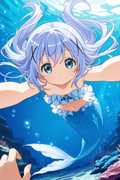 1girl, blue eyes, chino_kafuu, periwinkle colored hair, long hair, tiny, cute, ((mermaid, light blue tail)), (light blue frills), swimming, looking at viewer, arms reaching out, underwater, bubbles, removed clothes, bokeh effects, dynamic pose, out of fram...