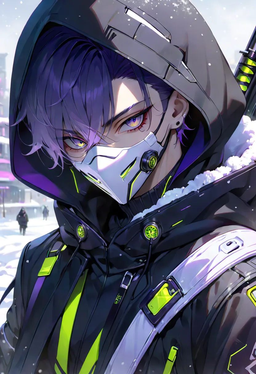 (( Top Quality)), (( masterpiece)), (  details), (( male)), ( maleの子), ((    sniper    )), ( Purple Hair), ( black hood ), ((  mask up  )), (), ((chic)), (snow), ( Cyberpunk)